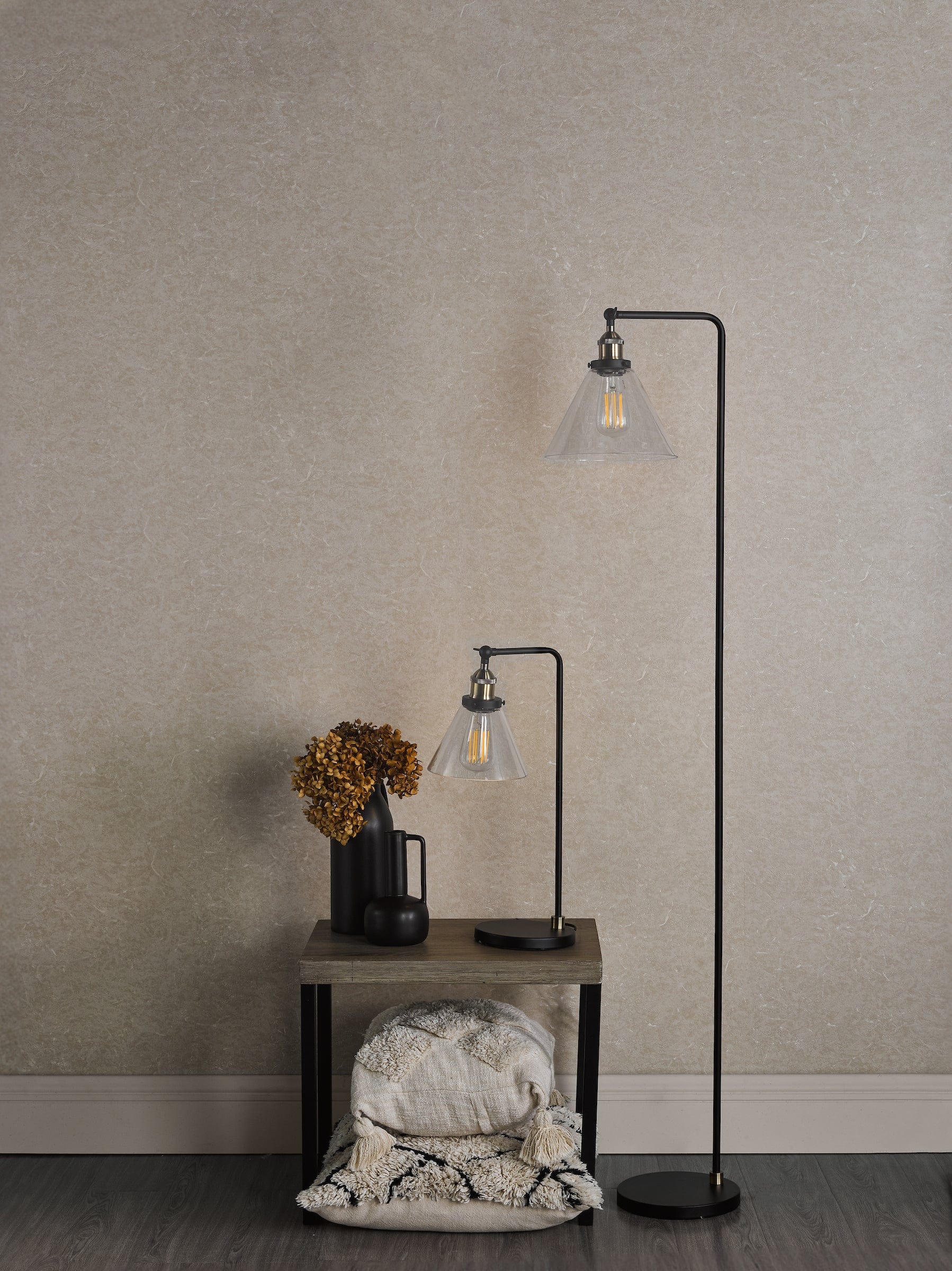 dar lighting Ray Floor Lamp Antique Brass and Glass RAY4975