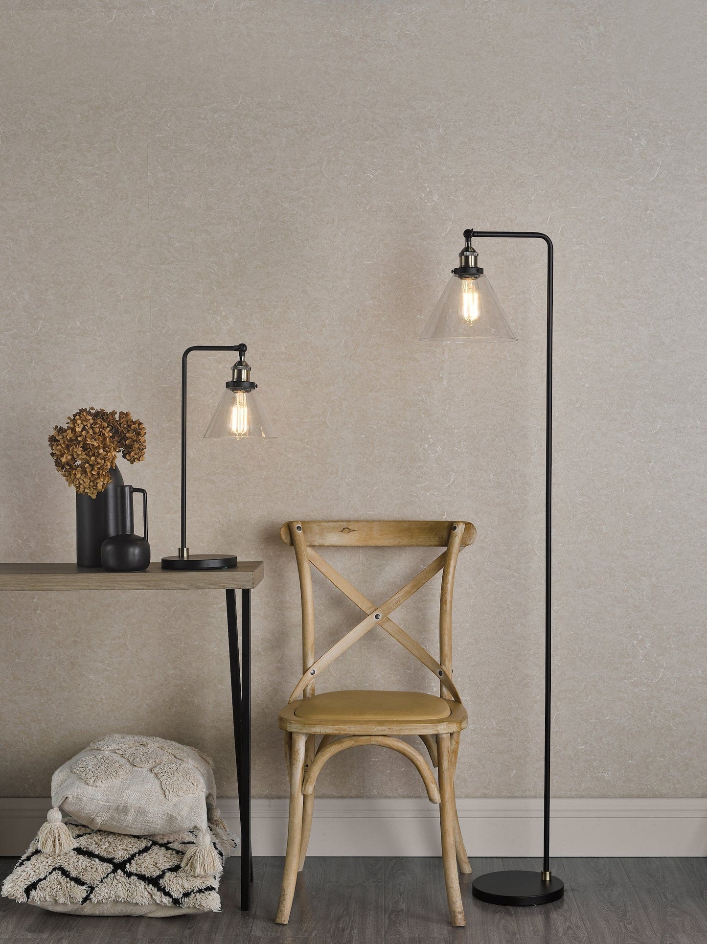 dar lighting Ray Floor Lamp Antique Brass and Glass RAY4975