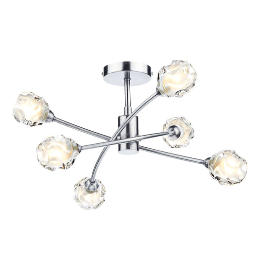 dar lighting Seattle 6lt Semi Flush Satin Chrome & Sculptured Glass SEA0646