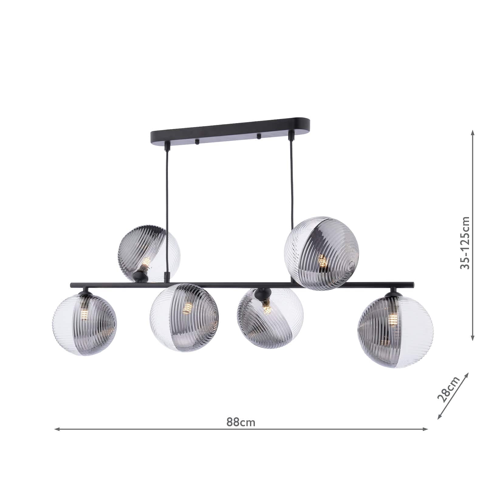 dar lighting Spiral 6 Light Bar Pendant Matt Black & Smoked/Clear Ribbed Glass SPI6422-19