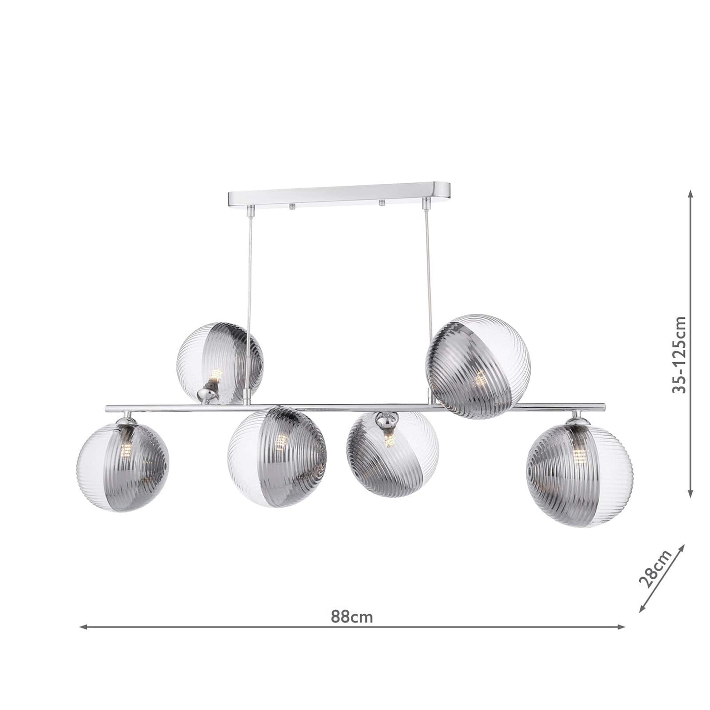 dar lighting Spiral 6 Light Bar Pendant Polished Chrome & Smoked/Clear Ribbed Glass SPI6450-19