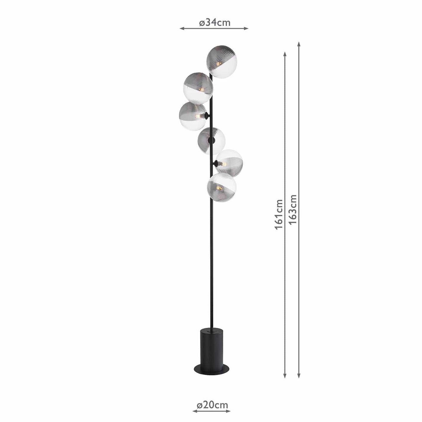 dar lighting Spiral 6 Light Floor Lamp Matt Black & Smoked/Clear Ribbed Glass SPI4922-19