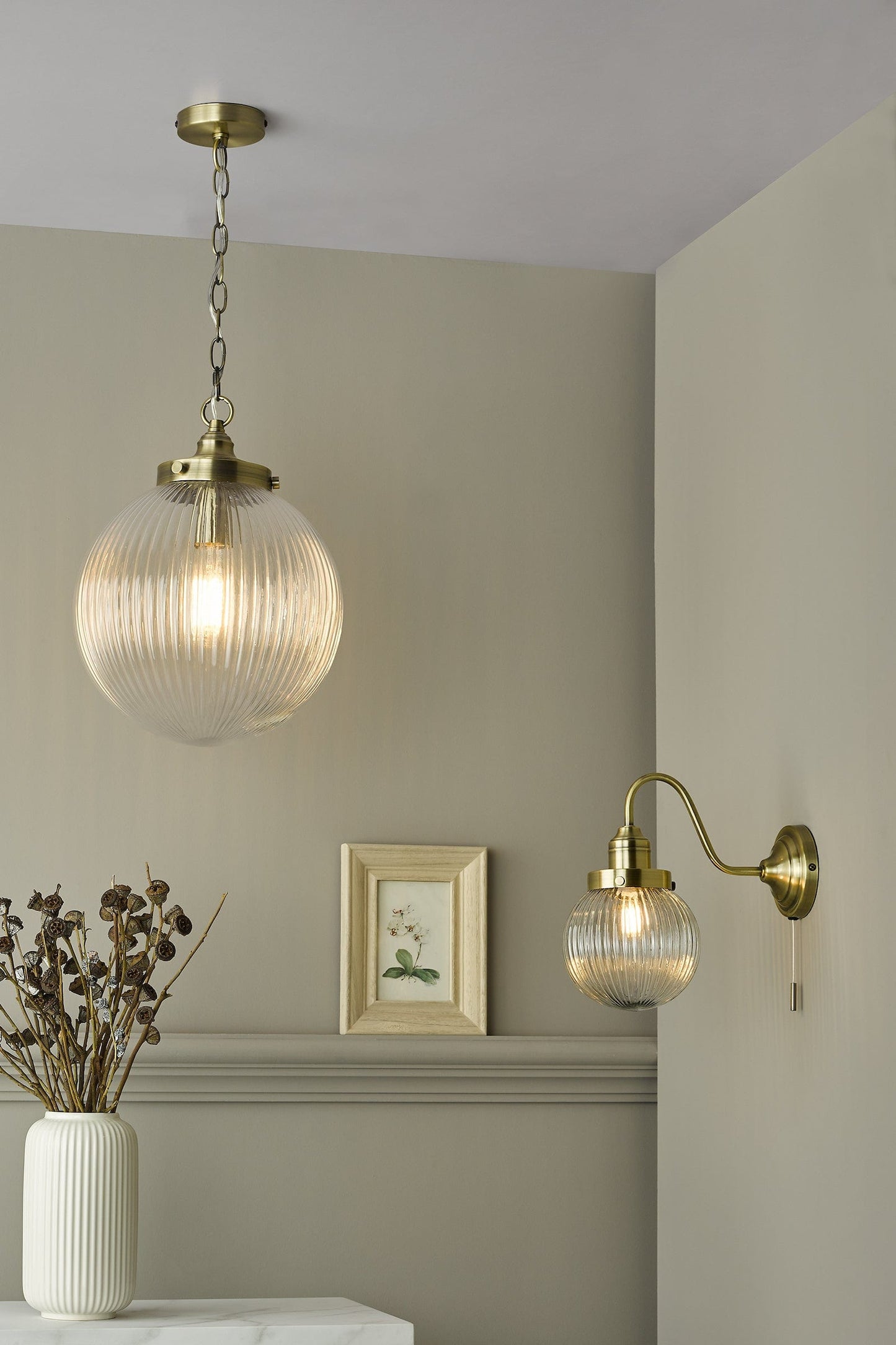 dar lighting Tamara 1 Light Single Pendant Antique Brass Ribbed Glass TAM0175