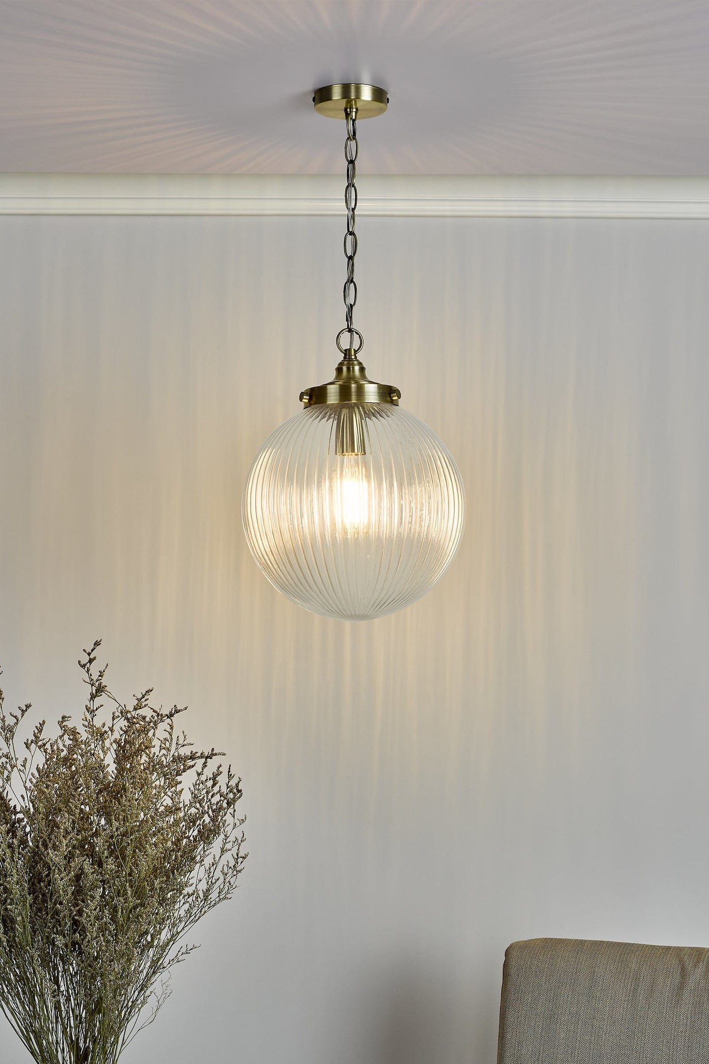 dar lighting Tamara 1 Light Single Pendant Antique Brass Ribbed Glass TAM0175