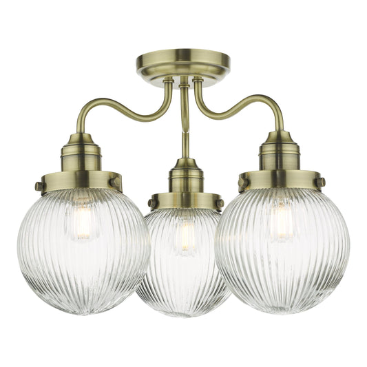 dar lighting Tamara 3 Light Bathroom Semi Flush Antique Brass Ribbed Glass IP44 TAM5375-IP44