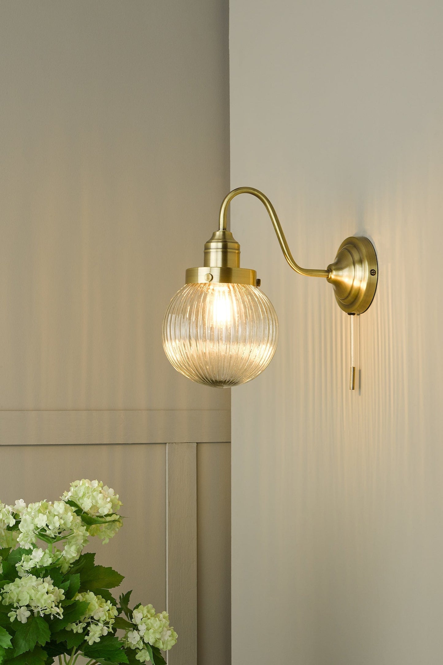 dar lighting Tamara Wall Light Antique Brass Ribbed Glass TAM0775