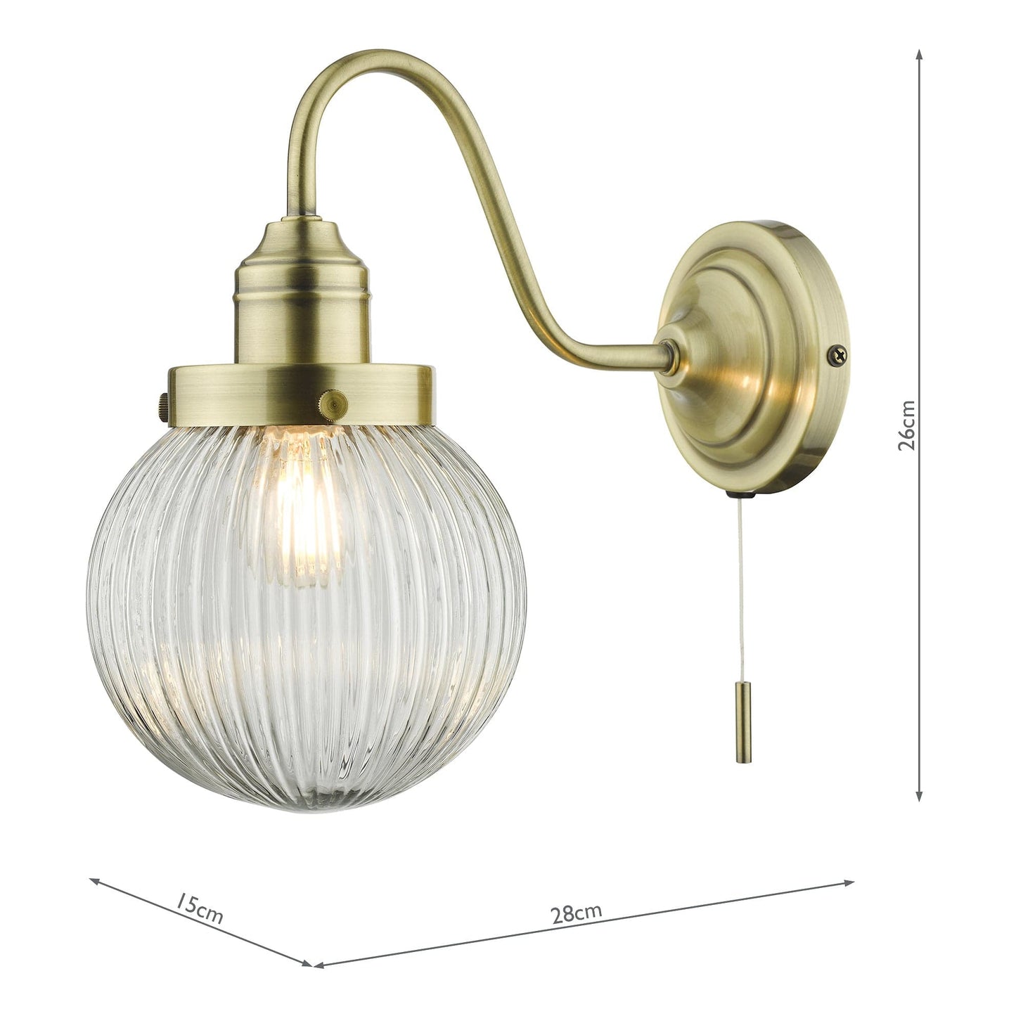 dar lighting Tamara Wall Light Antique Brass Ribbed Glass TAM0775