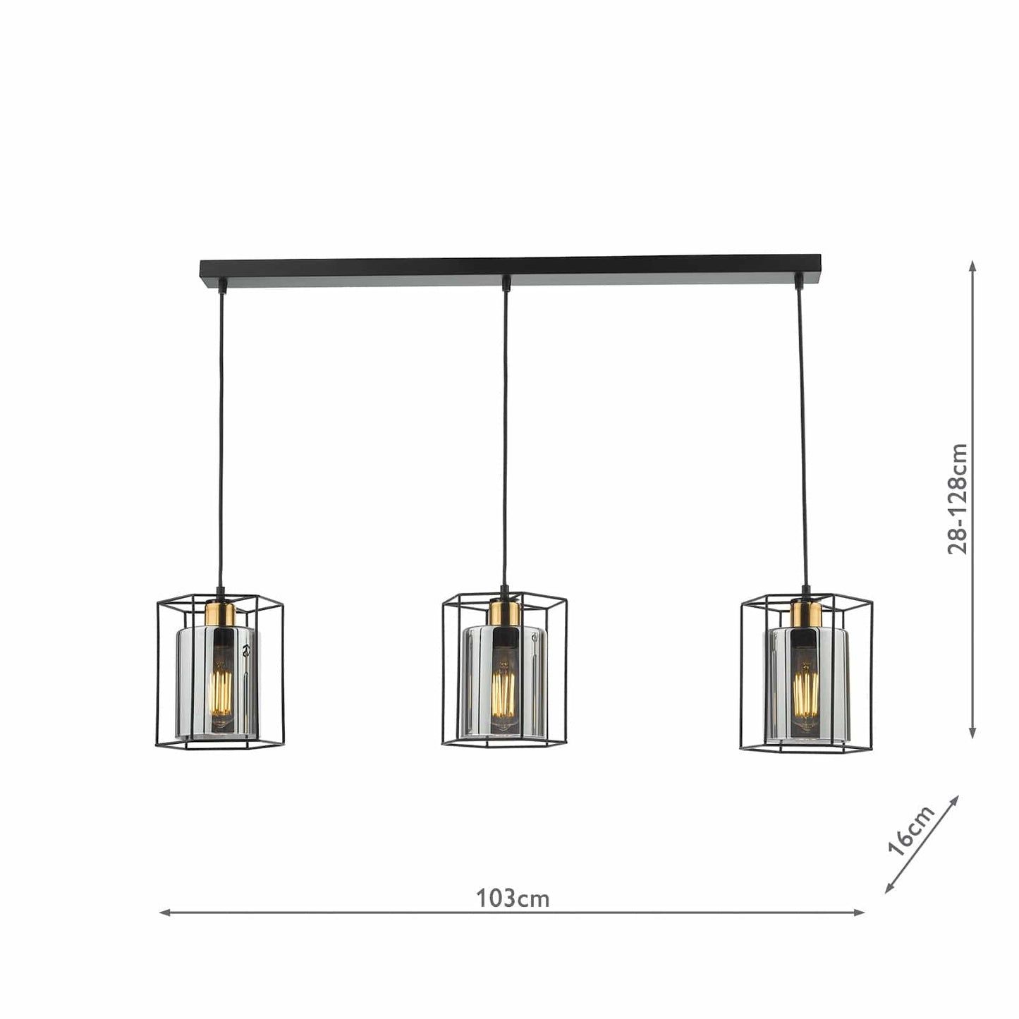 dar lighting Tatum 3 Light Bar Pendant Matt Black and Smoked Glass TAT0322