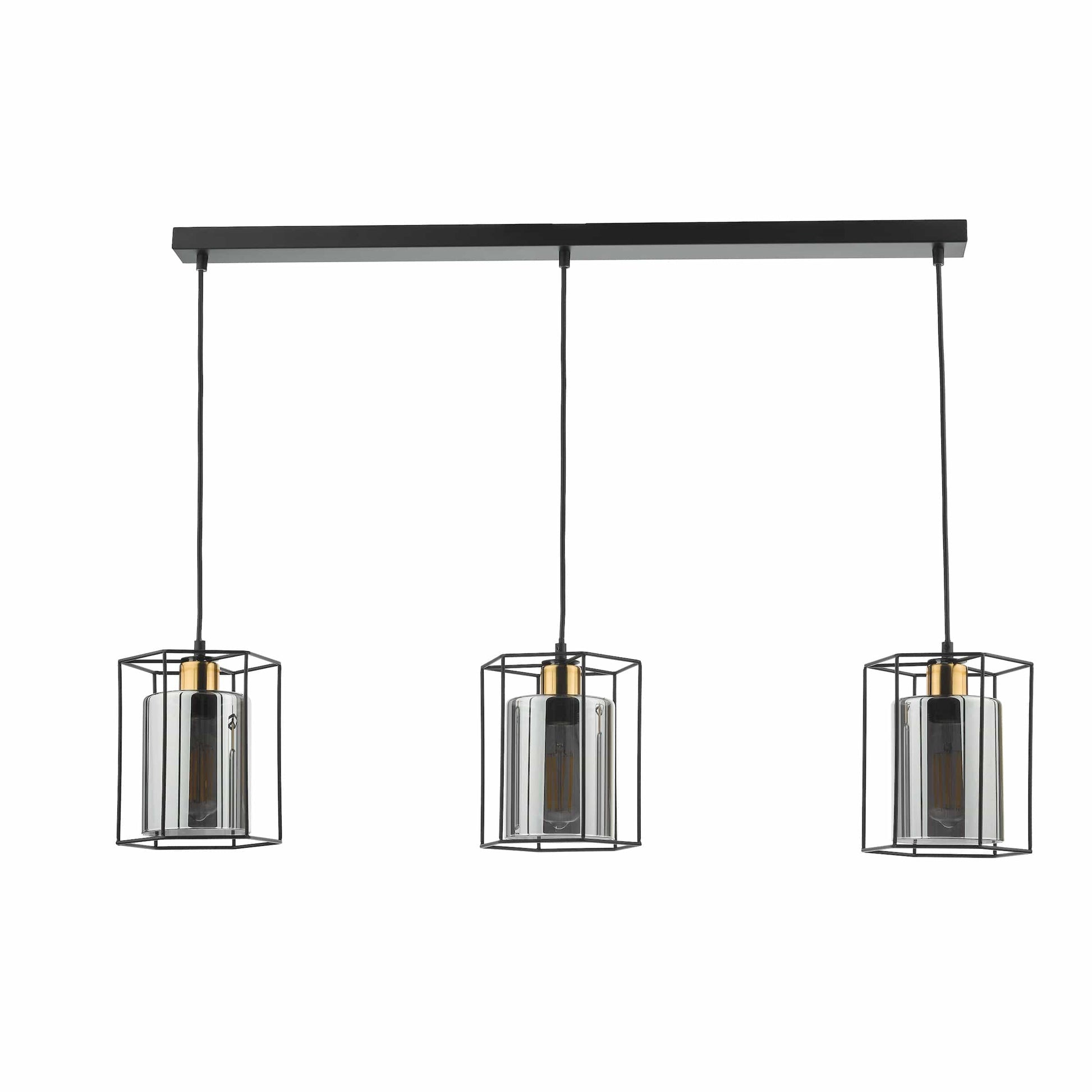 dar lighting Tatum 3 Light Bar Pendant Matt Black and Smoked Glass TAT0322