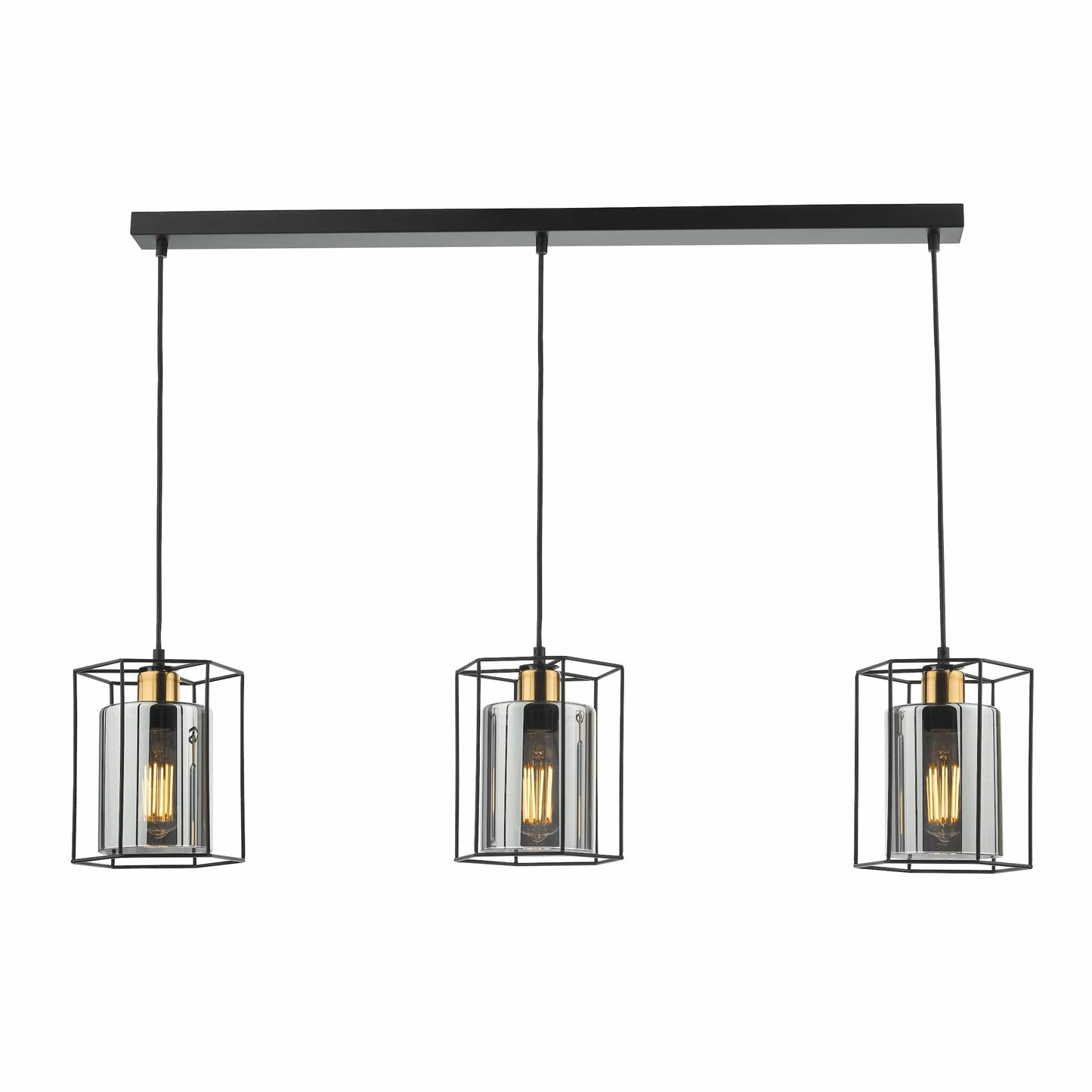 dar lighting Tatum 3 Light Bar Pendant Matt Black and Smoked Glass TAT0322