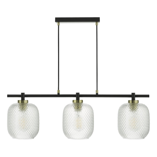 dar lighting Tehya 3 Light Bar Pendant Matt Black Textured Glass TEH0354