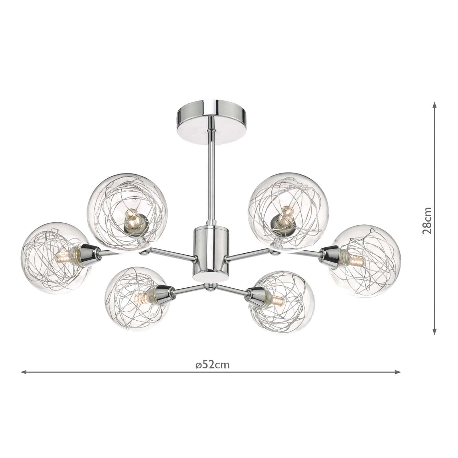 dar lighting Tyka 6lt Semi Flush Polished Chrome & Glass TYK6450