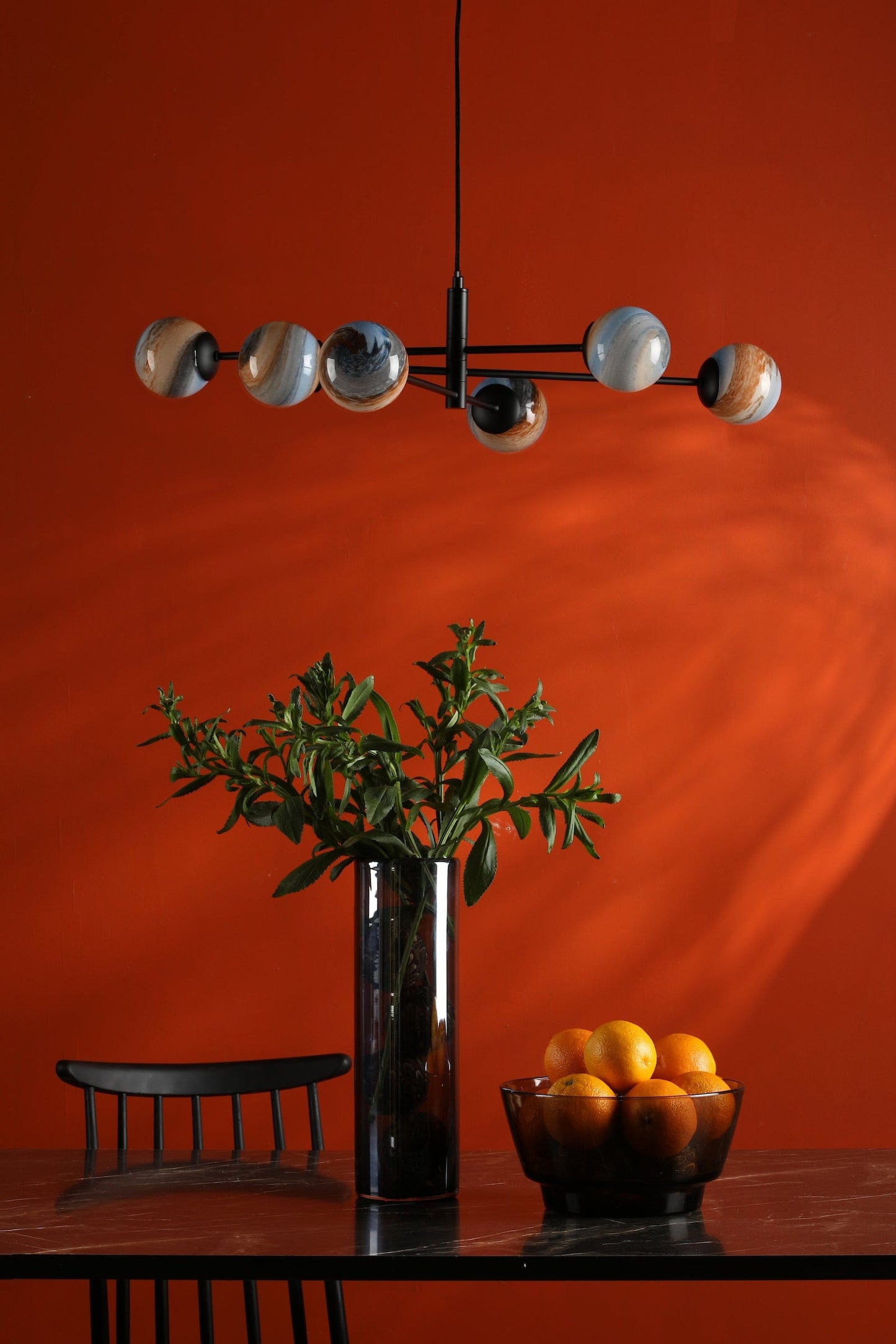 dar lighting Vignette 6 Light Pendant Matt Black & Planet Style Glass VIG0622-07L