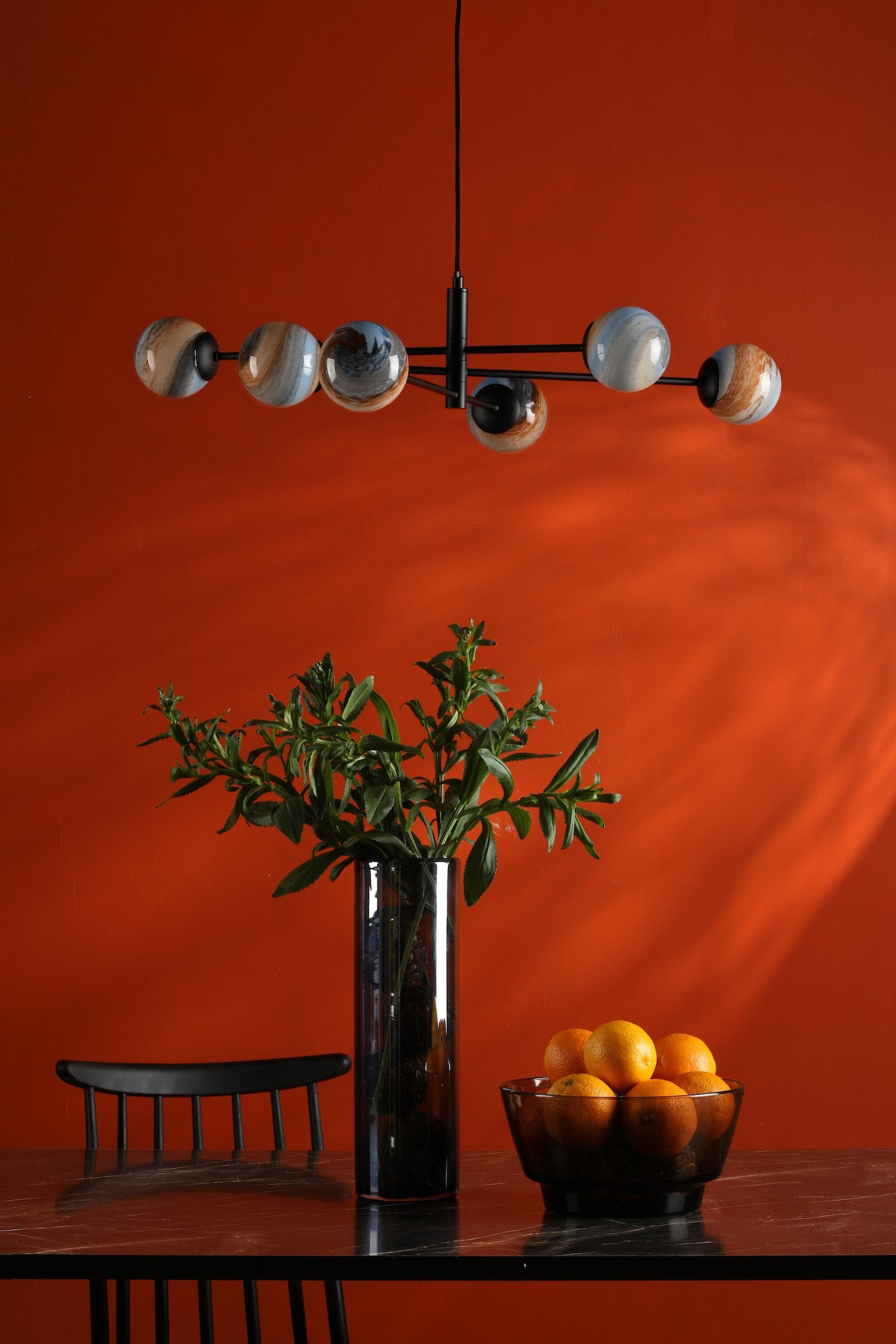 dar lighting Vignette 6 Light Pendant Matt Black & Planet Style Glass VIG0622-07L