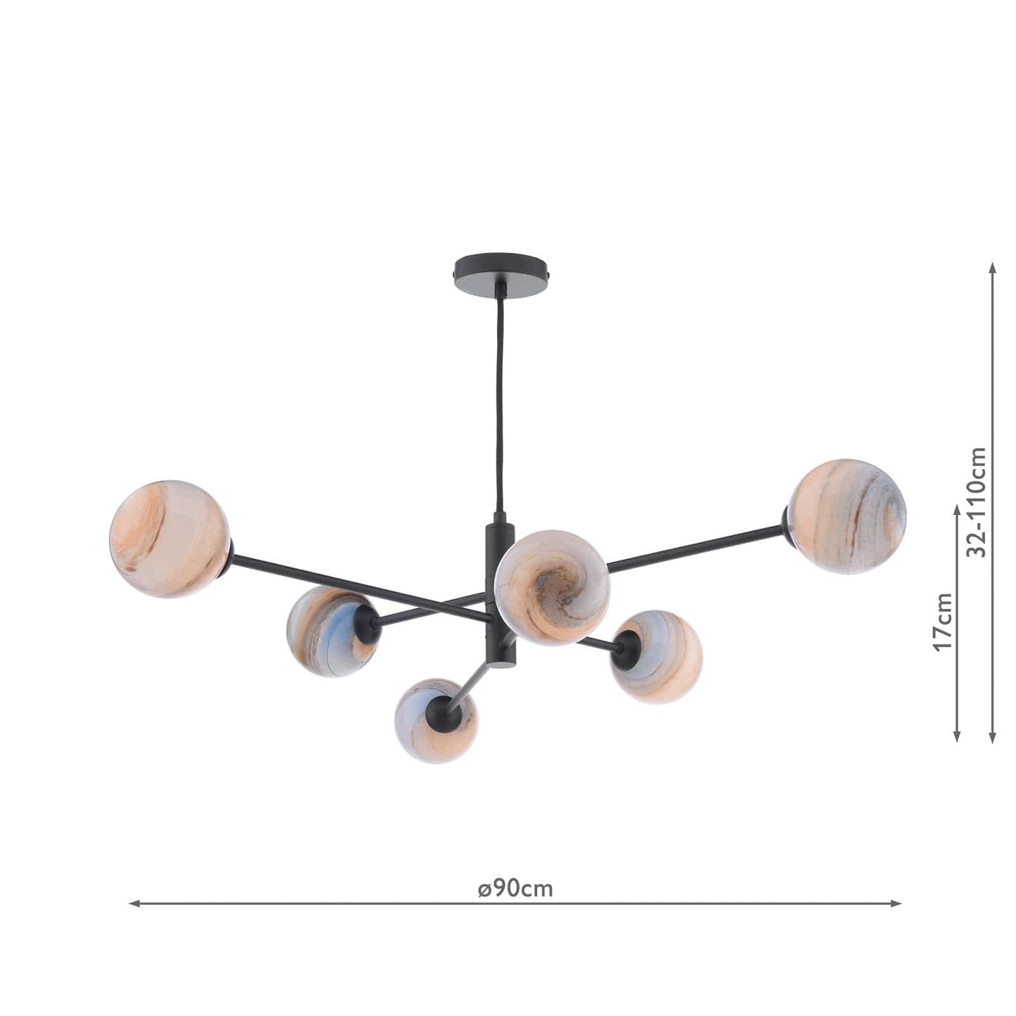 dar lighting Vignette 6 Light Pendant Matt Black & Planet Style Glass VIG0622-07L