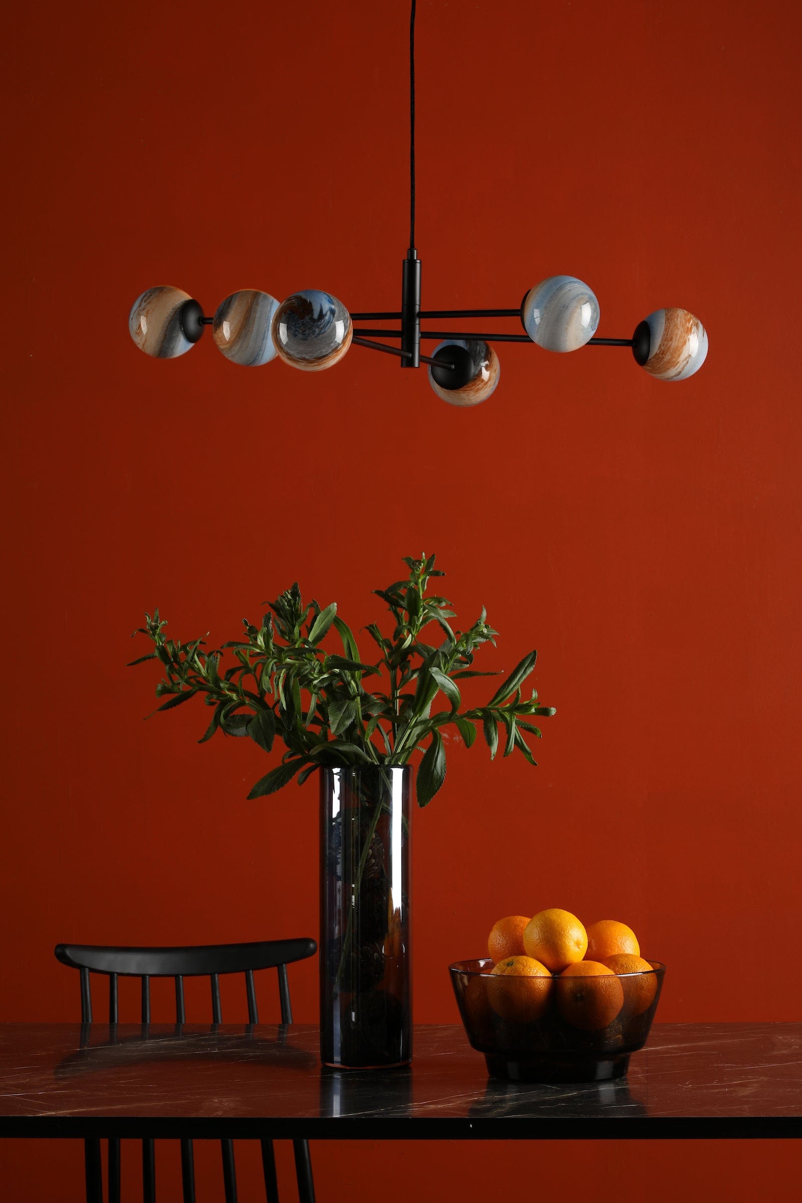 dar lighting Vignette 6 Light Pendant Matt Black & Planet Style Glass VIG0622-07L