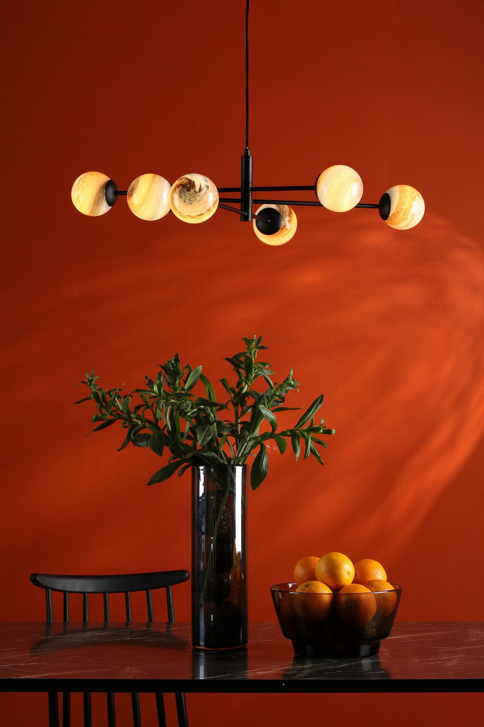 dar lighting Vignette 6 Light Pendant Matt Black & Planet Style Glass VIG0622-07L