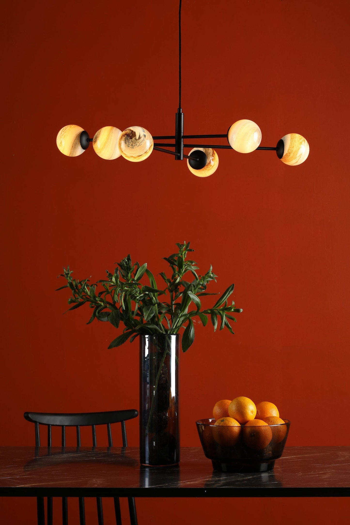 dar lighting Vignette 6 Light Pendant Matt Black & Planet Style Glass VIG0622-07L