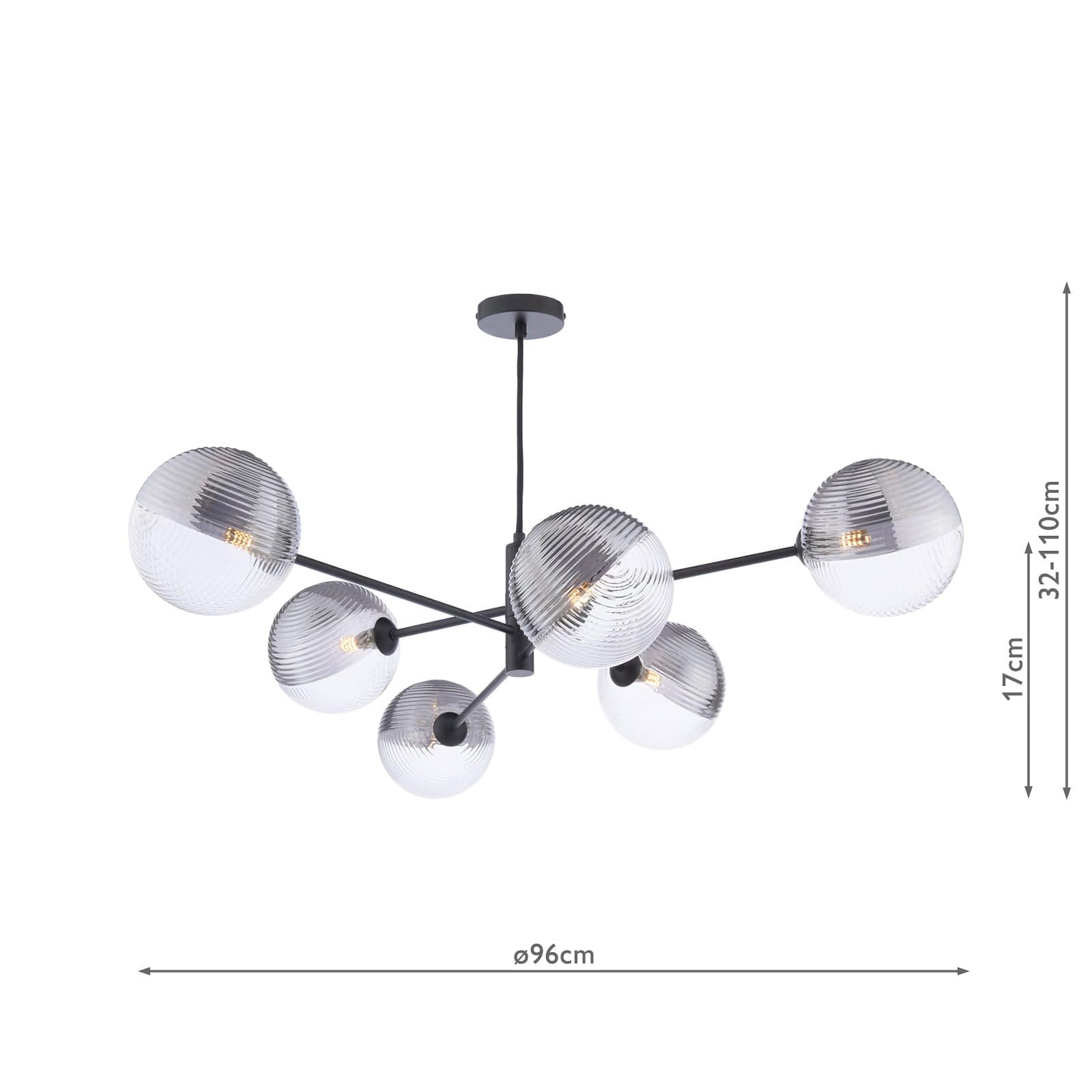 dar lighting Vignette 6 Light Pendant Matt Black & Smoked/Clear Ribbed Glass VIG0622-19