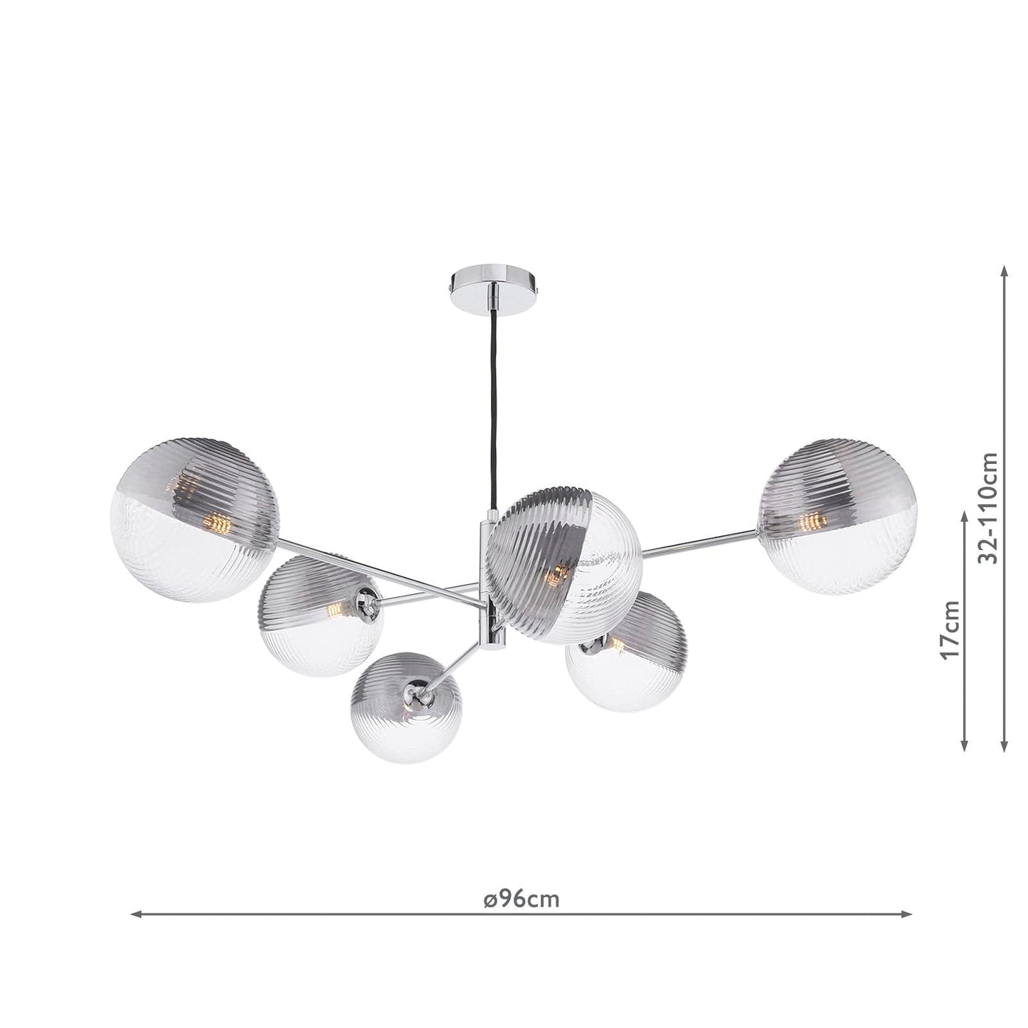 dar lighting Vignette 6 Light Pendant Polished Chrome & Smoked/Clear Ribbed Glass VIG0650-19