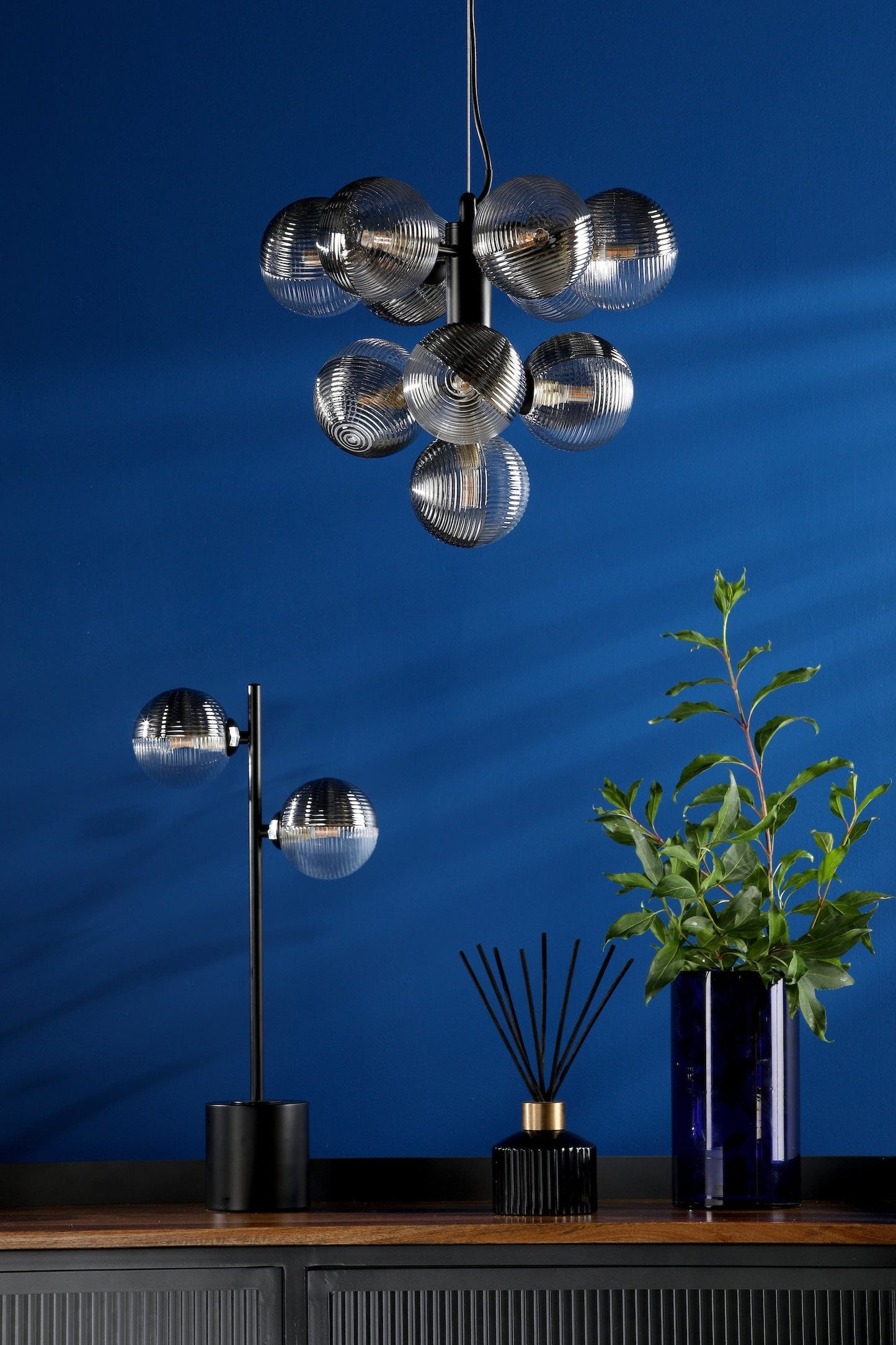 dar lighting Vine 10 Light Pendant Satin Black & Smoked/Clear Ribbed Glass VIN2322-18