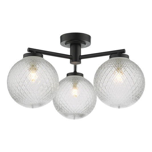 dar lighting Wayne Bathroom 3 Light Semi Flush Matt Black Glass IP44 WAY5322