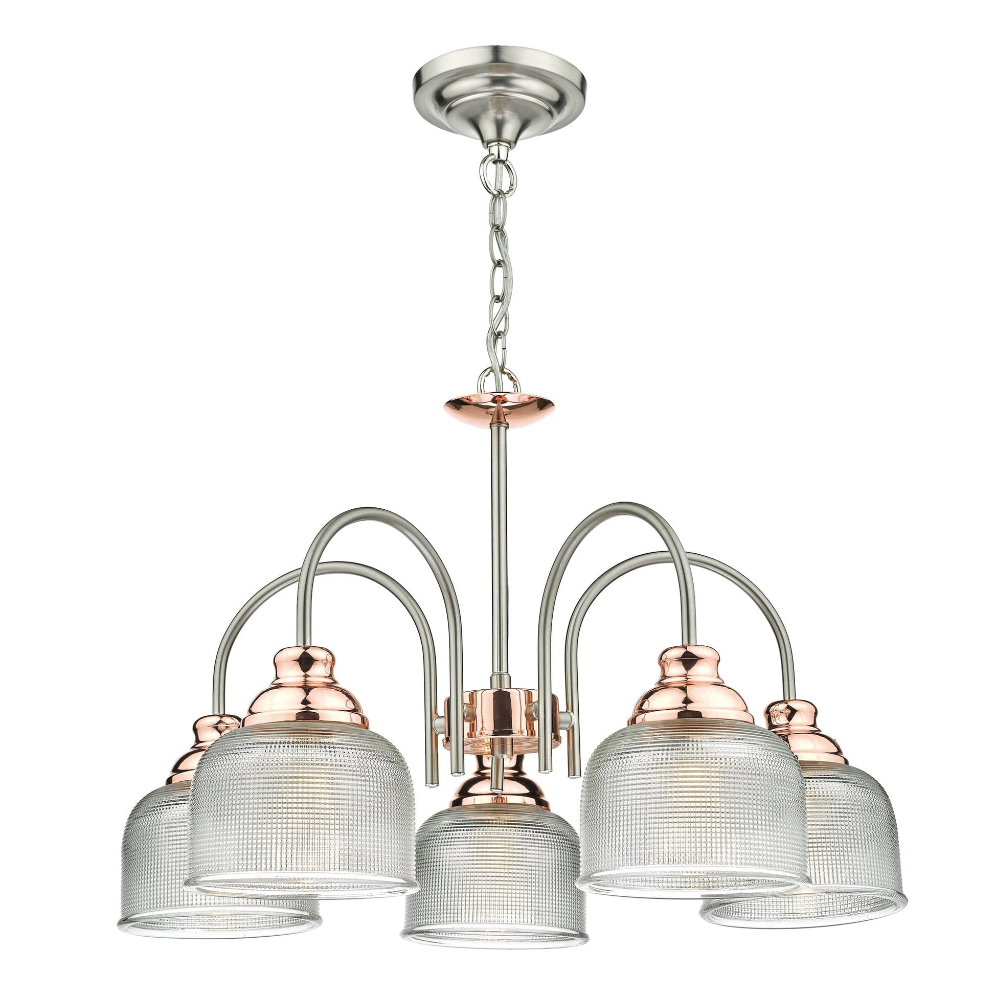 dar lighting Wharfdale 5lt Pendant Satin Chrome Copper detail Glass Shades WHA0546