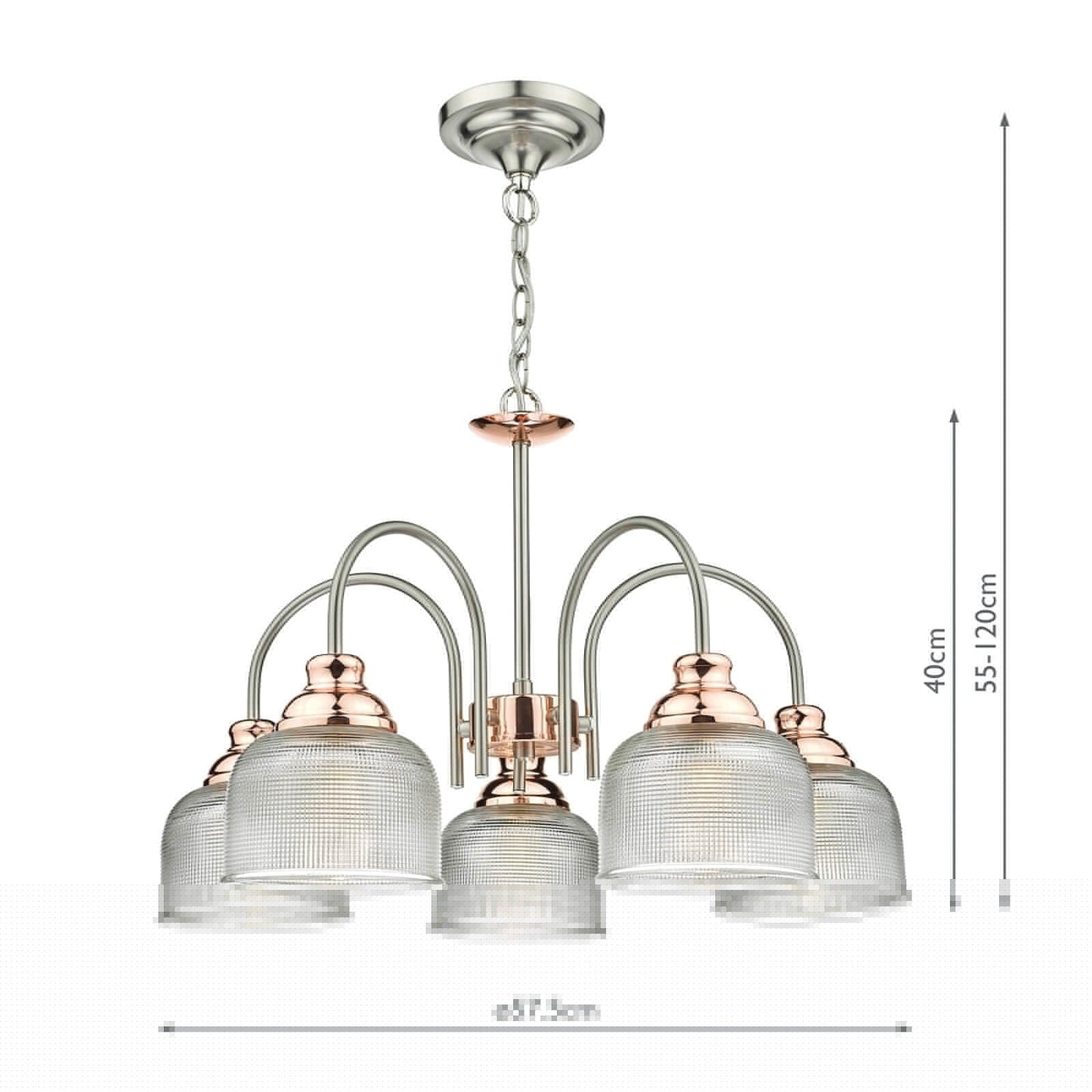 dar lighting Wharfdale 5lt Pendant Satin Chrome Copper detail Glass Shades WHA0546