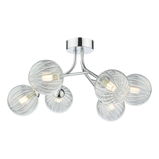 dar lighting Yiska 6 Light Semi Flush Polished Chrome Ribbed Glass YIS6450