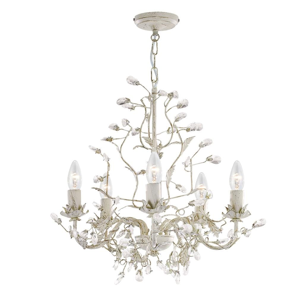 Searchlight Alamandite 5Lt Pendant - Cream & Gold Metal & Glass Drops 2495-5CR