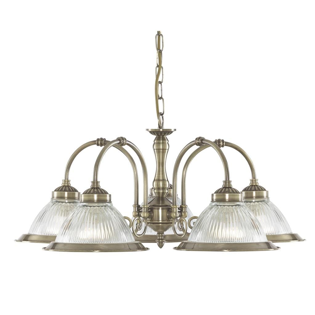 Searchlight American Diner 5Lt Pendant - Antique Brass & Ribbed Glass 9345-5