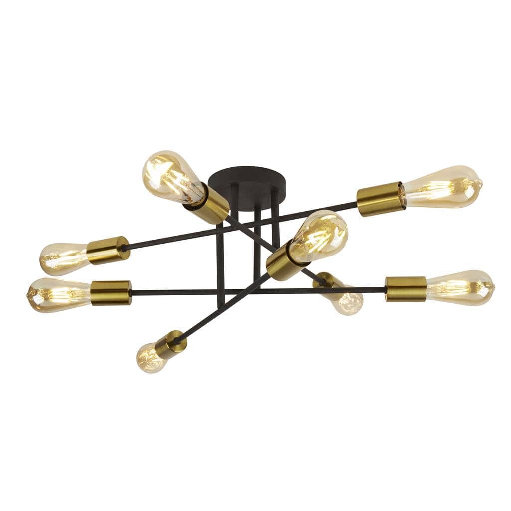 Searchlight Armstrong  8Lt Semi-Flush - Black & Satin Brass Metal 8048-8BK