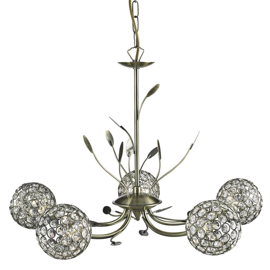 Searchlight Bellis II 5Lt Pendant- 
Antique Brass & Clear Glass 5575-5AB