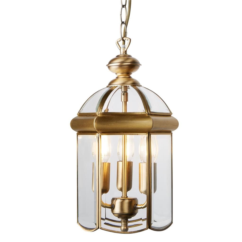 Searchlight Bevelled Lantern 3Lt Pendant - Antique Brass Metal & Glass 7133AB