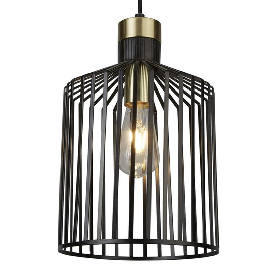 Searchlight Bird Cage  Pendant  - Black & Satin Brass Metal 9413BK