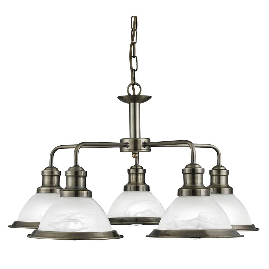 Searchlight Bistro 5Lt Pendant - Antique Brass Metal & Acid Glass 1595-5AB