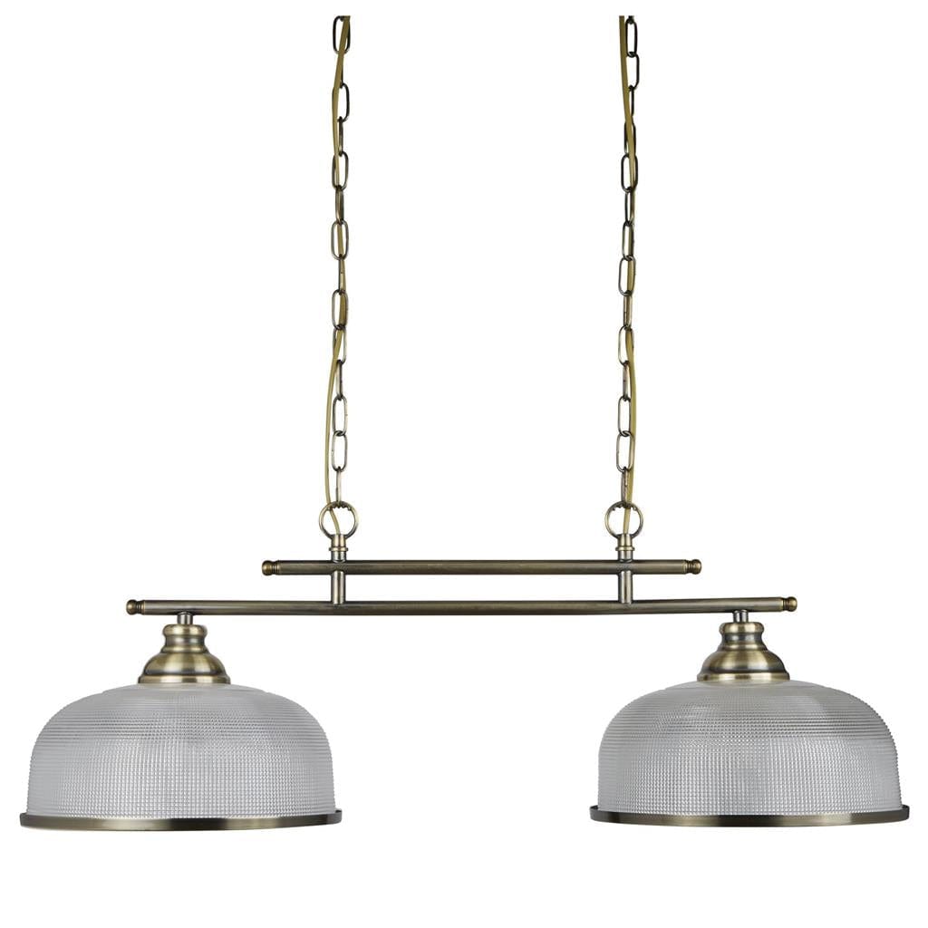 Searchlight Bistro II 2Lt Pendant- Antique Brass & Holophane Style Glass 3592-2AB