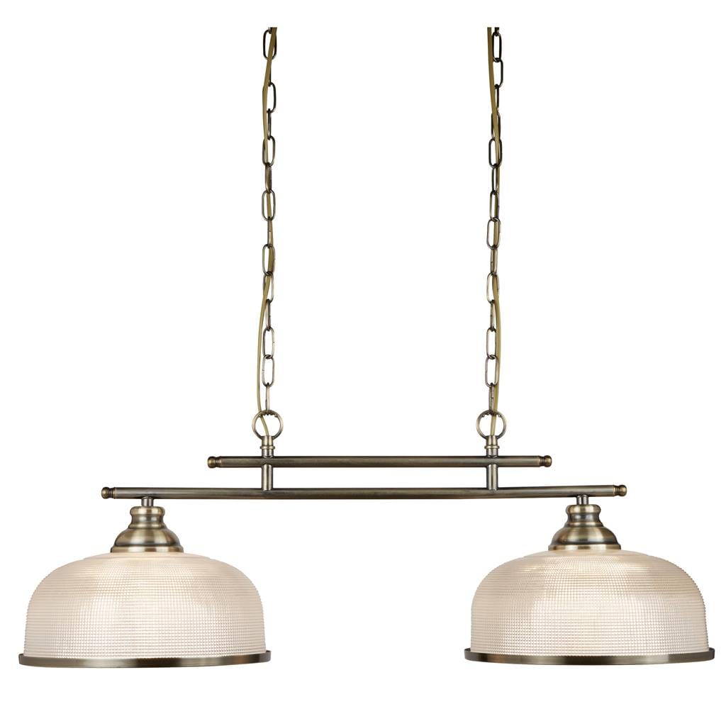 Searchlight Bistro II 2Lt Pendant- Antique Brass & Holophane Style Glass 3592-2AB