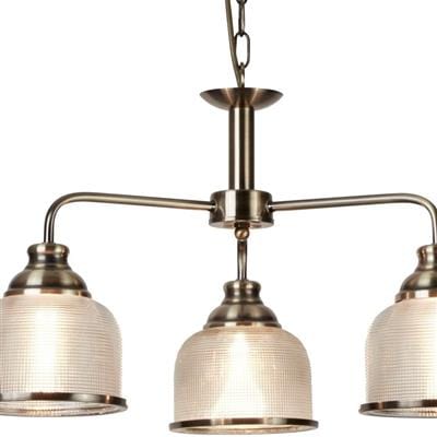 Searchlight Bistro II 3Lt Pendant-Antique Brass & Holophane Style Glass 1683-3AB