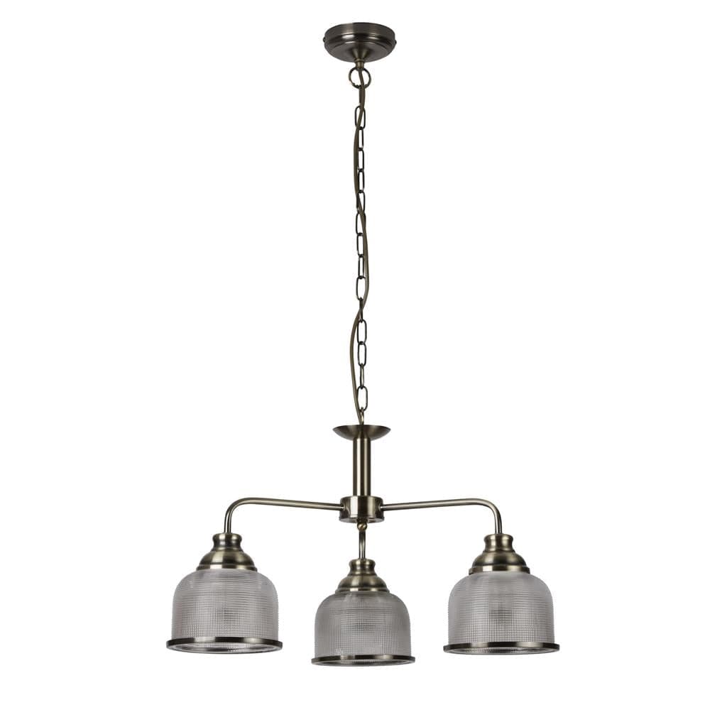 Searchlight Bistro II 3Lt Pendant-Antique Brass & Holophane Style Glass 1683-3AB