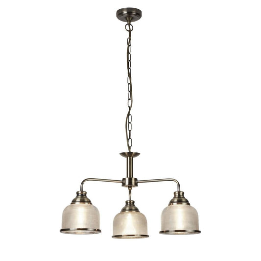 Searchlight Bistro II 3Lt Pendant-Antique Brass & Holophane Style Glass 1683-3AB