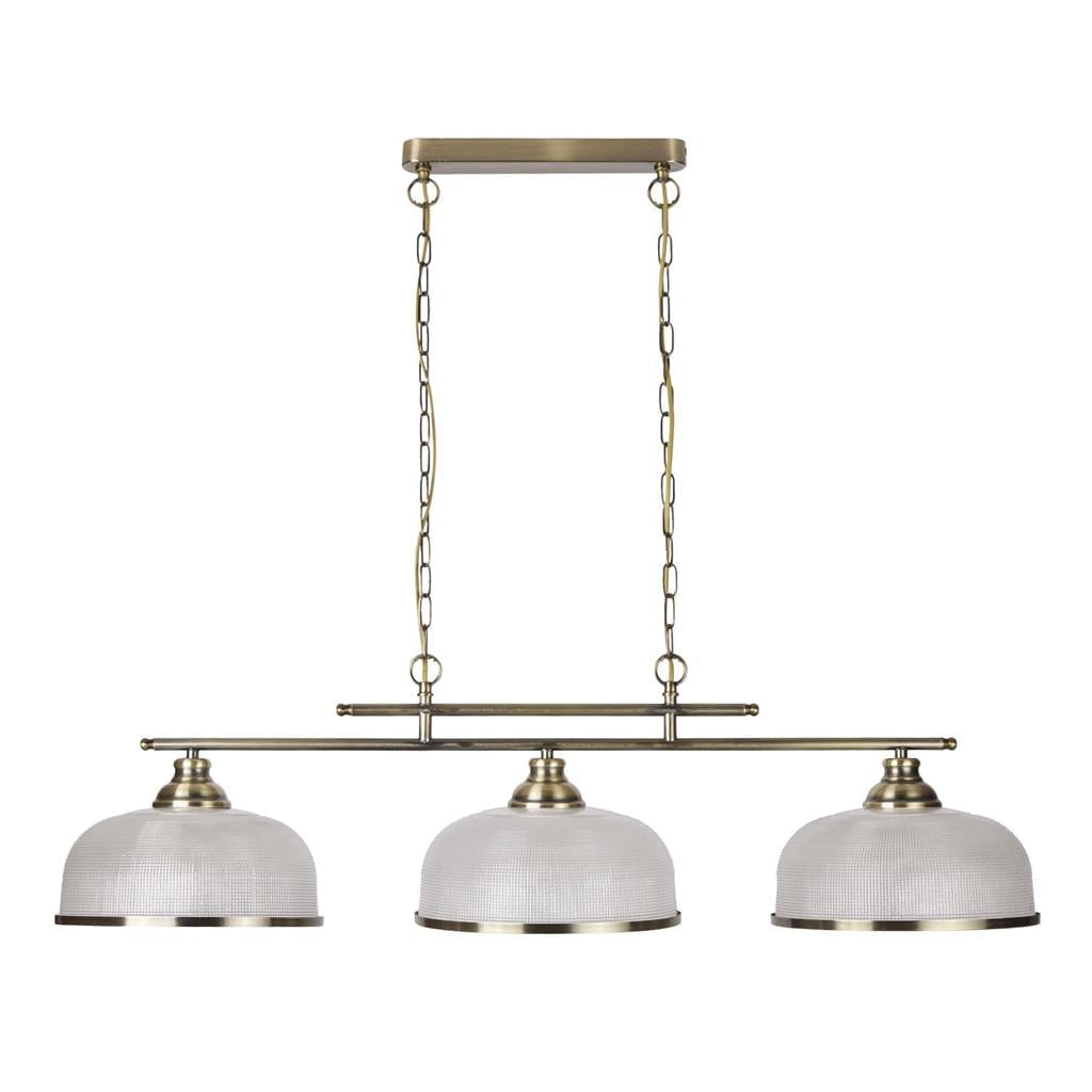 Searchlight Bistro II 3Lt Pendant-Antique Brass & Holophane Style Glass 3593-3AB