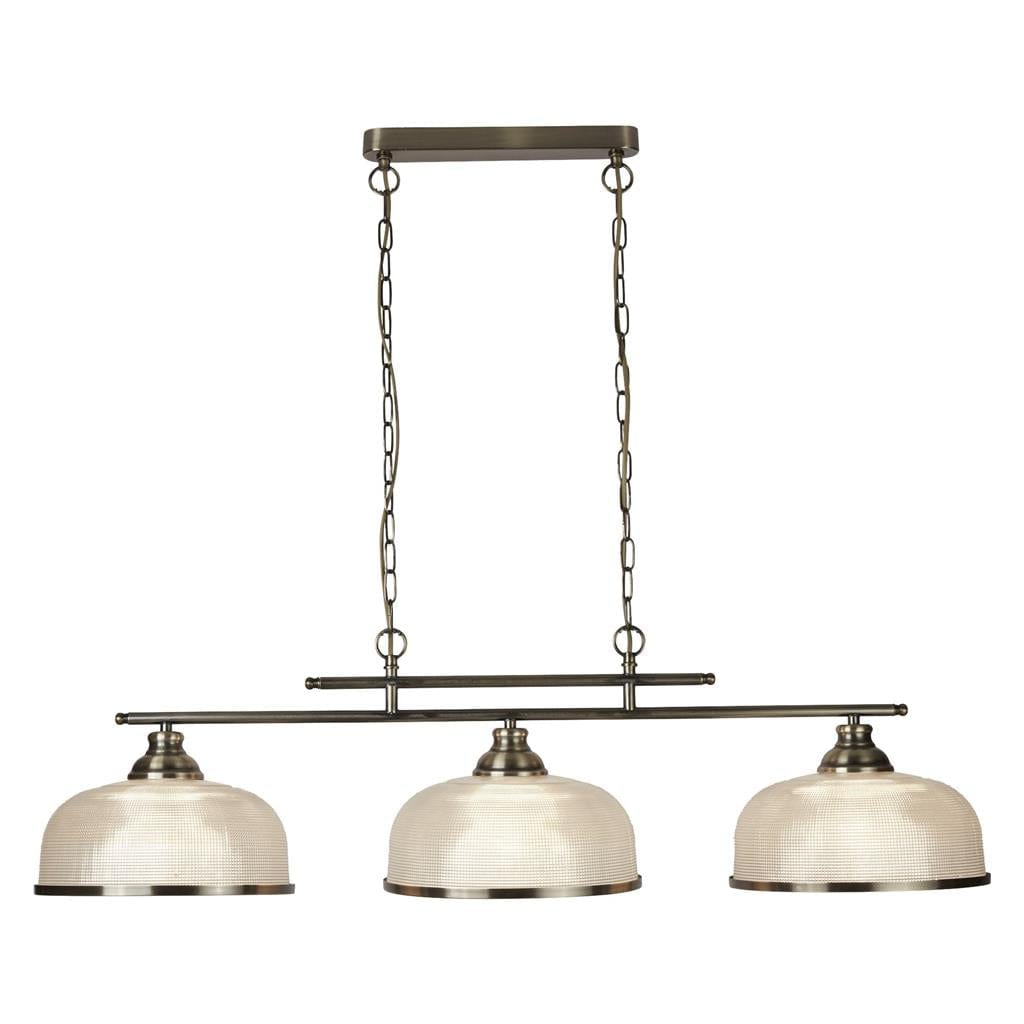 Searchlight Bistro II 3Lt Pendant-Antique Brass & Holophane Style Glass 3593-3AB