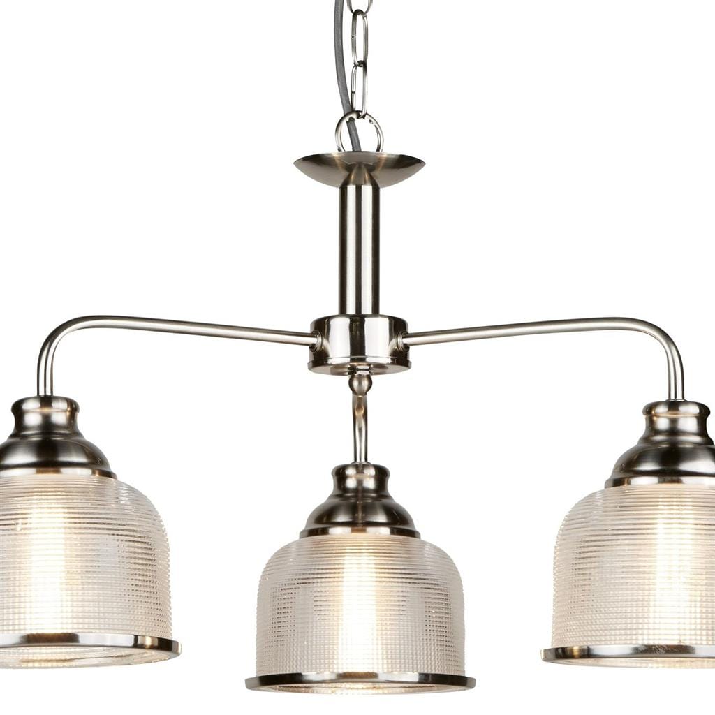 Searchlight Bistro II 3Lt Pendant- Satin Silver & Holophane Style Glass 1683-3SS