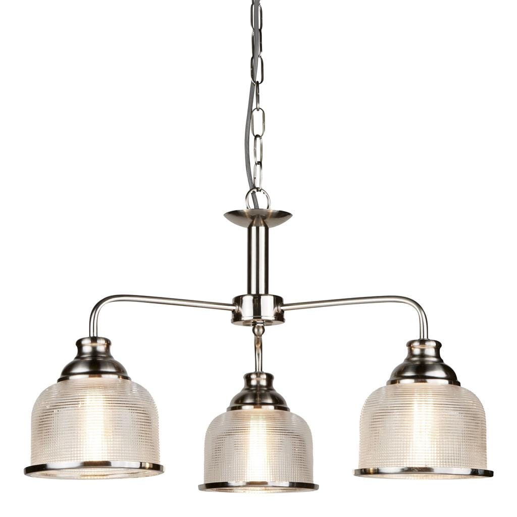 Searchlight Bistro II 3Lt Pendant- Satin Silver & Holophane Style Glass 1683-3SS