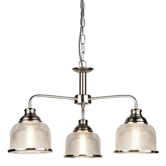 Searchlight Bistro II 3Lt Pendant- Satin Silver & Holophane Style Glass 1683-3SS