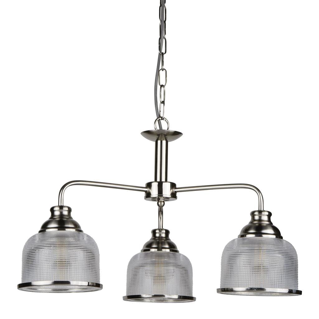 Searchlight Bistro II 3Lt Pendant- Satin Silver & Holophane Style Glass 1683-3SS