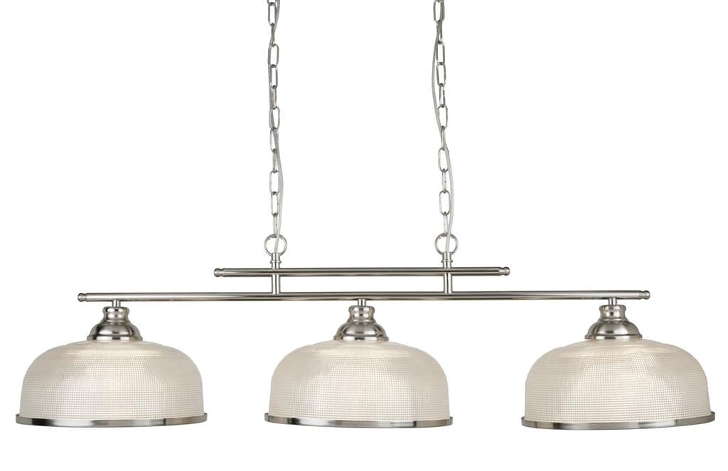 Searchlight Bistro II 3Lt Pendant - Satin Silver & Holophane Style Glass 3593-3SS