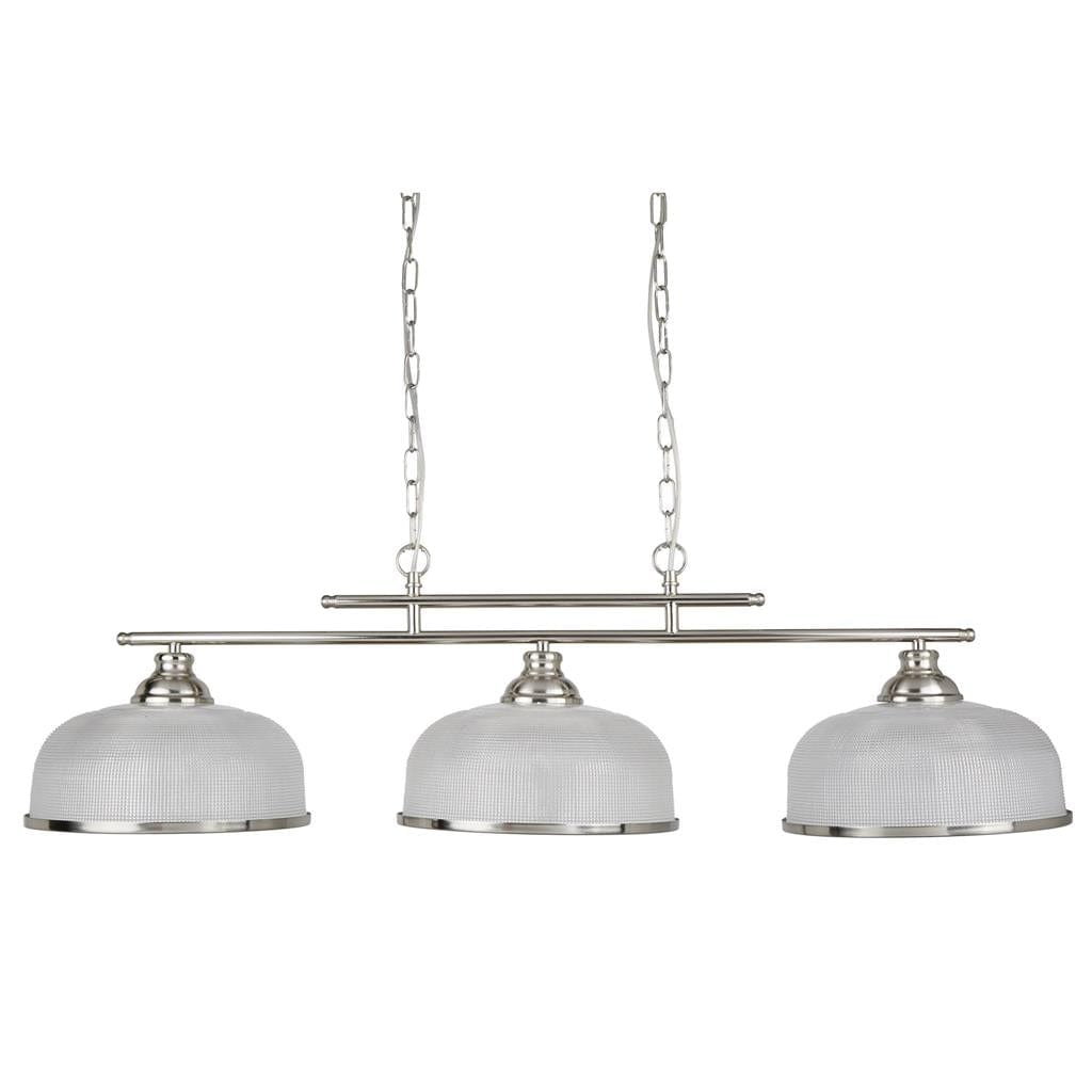 Searchlight Bistro II 3Lt Pendant - Satin Silver & Holophane Style Glass 3593-3SS