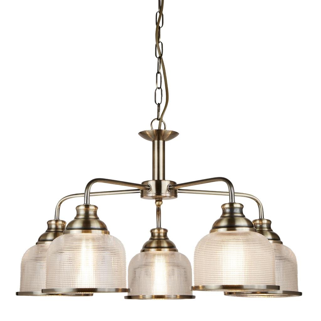 Searchlight Bistro II 5Lt Pendant -Antique Brass & Holophane Style Glass 1685-5AB